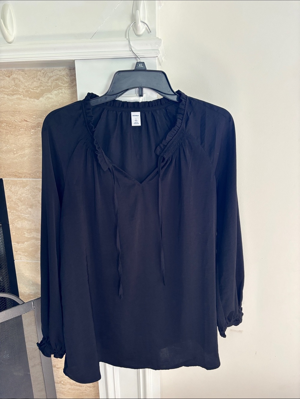 Old Navy Black Ruffle-Neck Long Sleeve, Satiny Blouse